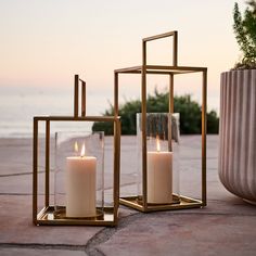 two candles sitting on top of a sidewalk next to a potted plant