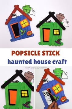 popsicle stick halloween house craft for kids with free printable instructions to make it