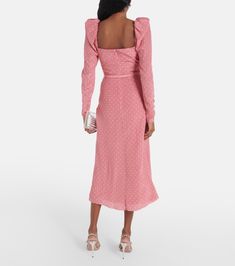 Polka-dot silk maxi dress in pink - Alessandra Rich | Mytheresa Spring Satin Maxi Dress With Square Neck, Spring Square Neck Satin Maxi Dress, Silk Square Neck Dress For Date Night, Summer Satin Maxi Dress With Square Neck, Summer Evening Silk Crepe Maxi Dress, Spring Silk Crepe Fitted Midi Dress, Fitted Silk Crepe Maxi Dress, Chic Fitted Silk Crepe Midi Dress, Feminine Belted Maxi Dress