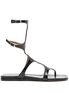 black calf leather embossed crocodile effect patent finish square open toe thong strap multi-way straps ankle-length branded footbed flat leather sole double buckle-fastening ankle strap Womens Shoes Sandals, Texas Women, Italian Shoes, Paris Texas, Chanel 2, Modern Women, Shopper Tote, Women Sandals, Sandals Black