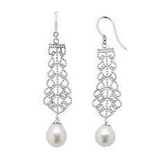 These beautiful freshwater cultured pearl linear drop earrings feature strings of diamond-cut beads in a lovely lace design. Comes in a gift box. Click on this JEWELRY & WATCHES GUIDE to learn about fit, styles, materials and more!Earring Details: Length: 2.68 in. Backings: fishhook Metal: rhodium-plated sterling silver Cultured Pearl Details: Type: freshwater Shape: oval Size: 8-8.5 mm Color: white Gemstones may have been treated to enhance their appearance. Special care may be required. Please Elegant White Linear Pierced Earrings, Elegant Pearl Chandelier Earrings, Elegant Filigree Drop Pearl Earrings, Elegant Filigree Dangle Pearl Earrings, Elegant Filigree Chandelier Earrings For Formal Occasions, Elegant Silver Filigree Pearl Earrings, Elegant Pearl White Chandelier Earrings, Elegant Silver Pearl Earrings With Filigree, Elegant Filigree Chandelier Earrings