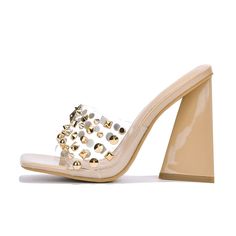 * Cape Robbin Maxfield Block Chunky High Heels Women Transparent Slip-On Square Open Toe Gold Studs Spikes Maxfield * Comfortable With Thick Odd Shaped Block Heels. * Heel Height: 4.25" * Brand Name: Cape Robbin Shoes * Style Name: Maxfield * Color: Beige Nude Sandals * Material: Man-Made Faux Material. * This Style Runs True To The Size. Spring Synthetic Heels With Spikes, Synthetic Spiked Heels For Summer, Summer Spiked Synthetic Heels, Trendy Spiked Heels For Spring, Studs And Spikes, Nude Sandals, Chunky High Heels, Cream And Gold, Trendy Shoes