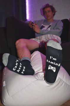 I'm Gaming, I Can't Hear You. This pair of mid-calf crew length novelty socks come in unisex size that fits most men's and women's feet. Made of 78% combed cotton, 19% nylon, 3% spandex. Non skid rubber fun letters are printed on each sock. Info Style: Crew length athletic sock. Size: S/M fits men’s shoe size 4-8 & women’s shoe size 5-9. M/L fits men’s shoe size 8-13 & women’s shoe size 9-14. Material: 78% Combed Cotton 19% Nylon 3% Spandex Care: Machine wash cold with no bleach and hang to dry. Male Socks Sniff, Fun Letters, Men In Socks, Mens Socks Fashion, Metal Boy, Skater Boys, Boys Socks, Stylish Socks, Fits Men