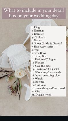 a table with wedding items on it and the words, what to include in your item box on your wedding day