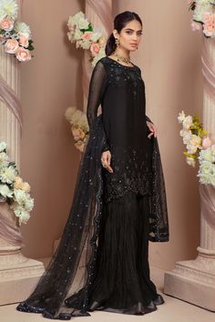 Elle | Pakistani Designer Outfit | Sarosh Salman Mirror Work Black Dress, Gharara Pakistani Simple, Net Shirt Outfit, Crushed Gharara, Black Gharara, Gharara Pakistani, Gharara Designs, Net Shirt, Designer Outfit