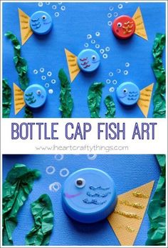 the bottle cap fish art project is fun for kids to do with paper and glue