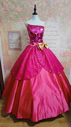 a pink and red dress is on display