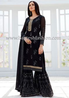 Pakistani black georgette with embroidery work sharara salwar kameez embellished with resham, zari, stone, sequins and patch border work. Comes with matching bottom as sharara/gharara and georgette dupatta. Indian Fashion Salwar, Black Sharara, Black Salwar Suit, Mehndi Ceremony, Georgette Dupatta, Designer Salwar, Designer Salwar Suits, Embroidery Work, Designer Suits