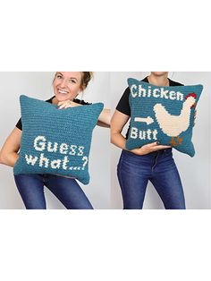 two women holding knitted pillows with chickens and guess what? written on the back