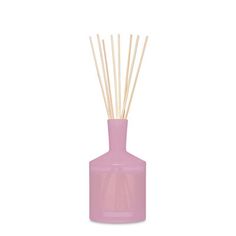 a pink vase with reeds in it on a white background