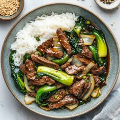 a bowl filled with beef and vegetables on top of rice