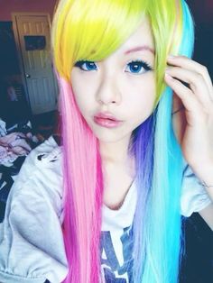 Kawaii Rainbow, Kawaii Hairstyles, Colorful Hair, Pastel Hair, Colored Hair, Rainbow Hair, Cool Hair Color, Dream Hair