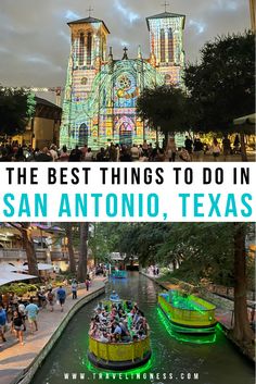 The front facade of San Fernando Cathedral lit up in turquoise blues and other colors for the Saga Light Show at night and boats cruising the River Walk with lights that looks so pretty at night in San Antonio, Texas. Weekend In San Antonio, Aesthetic Cowboy, Texas Aesthetic, Texas Travel Guide