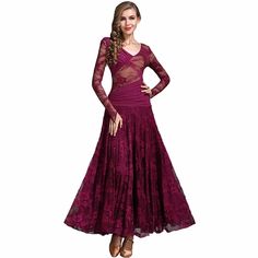 Womens Flared Maxi V Neck Extended Sleeve Ballroom Dress Lace – DANCEYM Stretch V-neck Evening Dress For Gala, Elegant Floor-length Ballroom Evening Dress, Elegant Long Sleeve Dance Dresses, Smooth Dance Dresses, Smooth Dance, Waltz Dress, Ballroom Competition, Social Dresses, Competition Suits