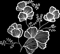 three white flowers on a black background with stems and leaves in the center, vintage line drawing or engraving style