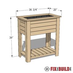 a wooden planter is shown with measurements for the top and bottom shelf on it