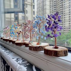 several small trees are placed in the window sill with purple and blue flowers on them