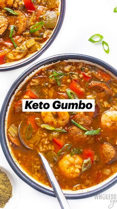 two bowls of shrimp and vegetable soup with spoons next to it on a white surface