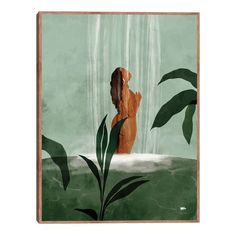 a painting of a woman standing in the water with leaves around her and behind her is a waterfall