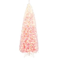 A pencil artificial Christmas tree with lights will never go out of style from time to time and it is a real space saver for your lovely home. Snow-dusted branch tips made of high-quality PVC are durable, flexible and bendable. Lush man-made leaves look full and realistic, delivering winter holiday charm to your place. Clear warm lights serve sparkling dots on the tree to create festive and serene scenarios. A foldable metal stand is easy to carry and store. The whole structure is sturdy and stable enough to hold extra ornaments, feel free to give it a change over based on your preferences. Size: 7.5'.  Color: Pink. Flocked Pencil Christmas Tree, Pink Xmas Tree Target, Pink Unicorn Christmas Tree, Tiny Pink Christmas Tree, Pink Tree With White Faux Fur, Snow Flock, Warm White Lights, Slim Christmas Tree, Pencil Christmas Tree