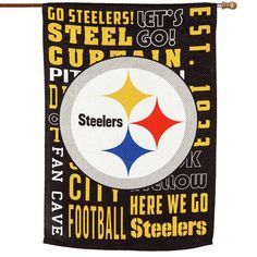 the pittsburgh football team is depicted on this black, yellow and white banner with words