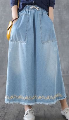 Denim Casual Cotton loose fitting Women's Skirts DZA200632 Baggy Spring Midi Skirt, Baggy Pleated Maxi Skirt, Spring Baggy Lined Maxi Skirt, Relaxed Fit Denim Skirt With Pockets For Summer, Casual Non-stretch Skirt With Pockets, Non-stretch Knee-length Skirt With Pockets, Casual Baggy Midi Skirt, Relaxed Fit Long Skirt For Spring, Bohemian Long Skirt Solid Color