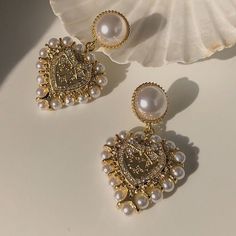 ❤Heart Pearl Earrings❤ ᅠ ᅠ Drop Earrings Gold, Alloy Earrings, Gold Pearl Earrings, Heart Drop Earrings, Vintage Heart, Girls Party, Travel Jewelry, Big Love, Gold Drop Earrings