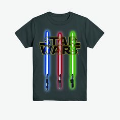 Infuse some intergalactic vibes into your kid's everyday style with this Star Wars Lightsaber Short-Sleeve Graphic T-Shirt. The charcoal gray tee is brightened with an illustration of blue, red and green lightsabers with the "Star Wars" logo over them across the front, lending eye-catching appeal to the basic design. Made of midweight cotton-blend jersey fabric, this tagless tee helps keep them comfortable during any activity. Star Wars Light Saber, Star Wars Logo, Kids Clothes Boys, Grey Tee, Lightsaber, Top Graphic Tees, Disney Outfits, Charcoal Grey, Kids Tops