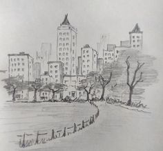 a pencil drawing of a cityscape with trees in the foreground and buildings on the far side