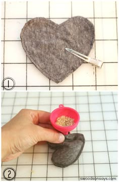 two pictures showing how to make a felt heart