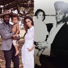 a man, woman and child are standing in front of a black and white photo