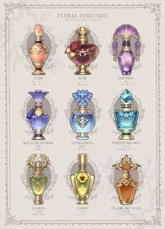 the different types of perfumes are shown in this poster, which includes an ornate frame and