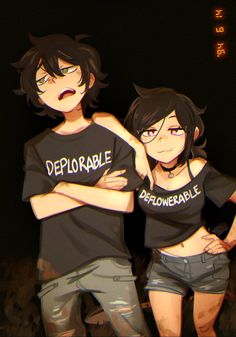 two people standing next to each other in front of a dark background with the words deplorable on them