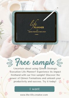 a flyer for an event with the words free sample on it and a person holding a pen