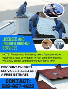 two men working on the roof of a house that is being advertised as an insured roofing service