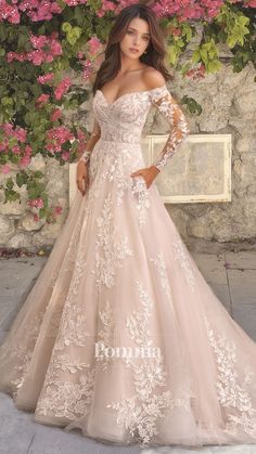 https://pomnia.com/products/dress-341248 Long Sleeves Wedding Dress, Sleeves Wedding Dress, Blush Wedding Dress, Wedding Dress With Lace, A Line Bridal Gowns, Cute Wedding Dress, Ivory Wedding Dress, Long Sleeve Wedding, Wedding Dress Sleeves