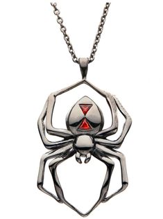 Marvel Comics Marvel x RockLove Sterling Silver BLACK WIDOW SPIDER NECKLACE Brand New Marvel Comics Marvel x RockLove Black Widow Sterling Silver Spider Necklace from 2022. Produced exclusively by RockLove and available at Disney theme parks. Carved in solid sterling silver and plated in polished black ruthenium, the sizable Black Widow Spider perches ominously on the chest. Two faceted crystal triangles create the distinctive red hourglass set flush into the spider’s back. The three-dimensional pendant hangs from an adjustable matching black ruthenium plated sterling silver cable chain. Comes packaged in embossed and metallic silkscreened branded jewelry collector's box with sleek spot-varnished art inside. Includes a Marvel X RockLove branded luxury travel pouch. Officially licensed by M Marvel Black Widow, Marvel Jewelry, Marvel Fashion, Geeky Jewellery, Widow Spider, Black Widow Spider, Spider Necklace, Spider Earrings, Black Widow Marvel