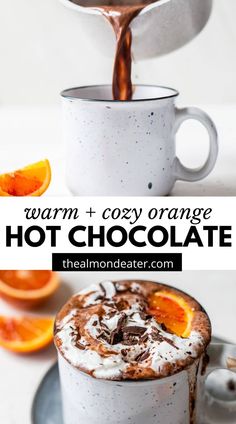 hot chocolate is being poured into a mug with orange slices on the side and topped with whipped cream