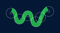 the letter w is made up of green circles and lines on a dark background with white dots