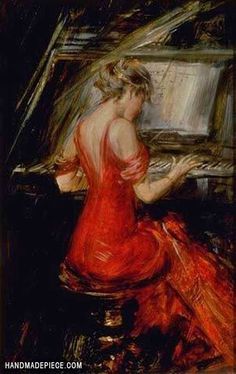 a woman in a red dress sitting at a piano playing the music on it's side