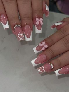 Multicolor  Collar  ABS  Color Nails Embellished   Nail,Hand & Foot Care Nails Design Coffin Shape, His Tip Color Nails, Nail Art Designs With Bow, Heart On Ring Finger Nails, Pink And White Nails With Design, Matching Nails With Bff Summer, White And Pink Nails Ideas, Simple Pink Nail Set, Bows Nails Design