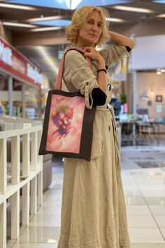 100% linen ( 215 gm) bag with two padded handles. The size of the bag is ~15inx16in (38.5cm x 41cm).  Length of the handle ~11 in ( 30 cm). The artist's drawing is printed in direct printing (DTG).  This bag is practical and suitable.  Bag for women, for men, for teenagers. WARNING: different monitors may show a slight difference in colors. Care: WASHING INSTRUCTIONS: * Hand wash is preferred, but also a gentle machine wash can be used. * If you wish to use a washing machine, please only use the Black Reusable Shopping Bag, Casual Reusable Bags For Gifts, Black Reusable Shoulder Bag For Shopping, Reusable Black Shoulder Bag For Shopping, Rectangular Reusable Gift Bag, Rectangular Reusable Gift Bags, Reusable Shoulder Bag As Gift, Reusable Shoulder Bag As A Gift, Reusable Shoulder Bag For Gifts