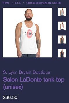 a man in white tank top standing next to an advertisement for salon la donte tank top