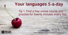 a red apple with the words your languages 5 - a - day tip 1 find a free online course and practice for twenty minutes every day