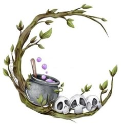 three skulls are sitting in front of a pot with purple balls and leaves on it