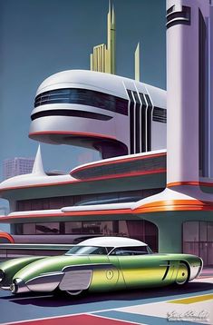 two cars parked in front of a futuristic building