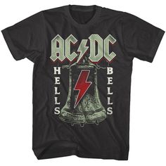 "AC/DC Men's T-Shirt by American Classics Part Scottish, part Aussie, 100% Rock Legends! Formed in Sydney in 1973, AC/DC went from Dirty Deeds Done Dirt Cheap on the Highway to Hell to Back to Black in The Flick of the Switch! They have sold over 200 million albums worldwide and they are still working on new music. Wear some rock history, this cool ACDC Vintage Hells Bells Men's T-Shirt has a vintage style print with a distressed look as if you bought it at an AC/DC Concert Tour in the 80's Lightning Logo, Acdc Shirt, Black Shirts, Rock And Roll Bands, I'm With The Band, Disney Stars, Logo Black, Band Shirts, Ac Dc