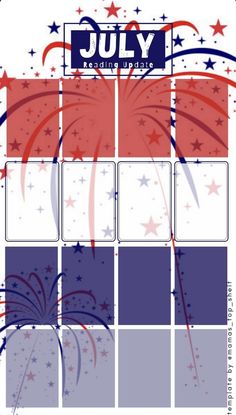 the july fourth card is shown with stars and fireworks in red, white, and blue