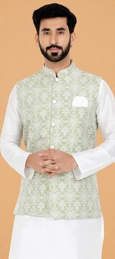 Green color Nehru Jacket in Jacquard fabric with Weaving work Luxury Green Embroidered Nehru Jacket, Luxury Green Nehru Jacket With Floral Embroidery, Luxury Traditional Green Nehru Jacket, Nehru Jackets, Wear Green, Jacquard Fabric, Party Wear, Green Colors, Weaving