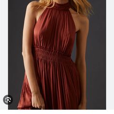 Gorgeous Anthropologie Tiered Halter Dress Brand New Burgundy Midi Dress For Date Night, Burgundy Midi Length Dress For Date Night, Ruched Sleeveless Dress For Fall, Spring Burgundy Maxi Dress For Date Night, Burgundy Maxi Dress For Spring Date Night, Elegant Red Flowy Mini Dress, Burgundy Summer Dress For Night Out, Burgundy Dress For Night Out In Summer, Burgundy Dresses For Summer Night Out